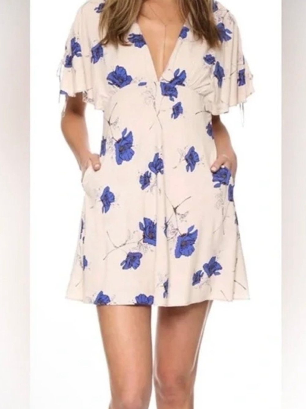 Cream Floral Mini Dress with Blue Blossoms